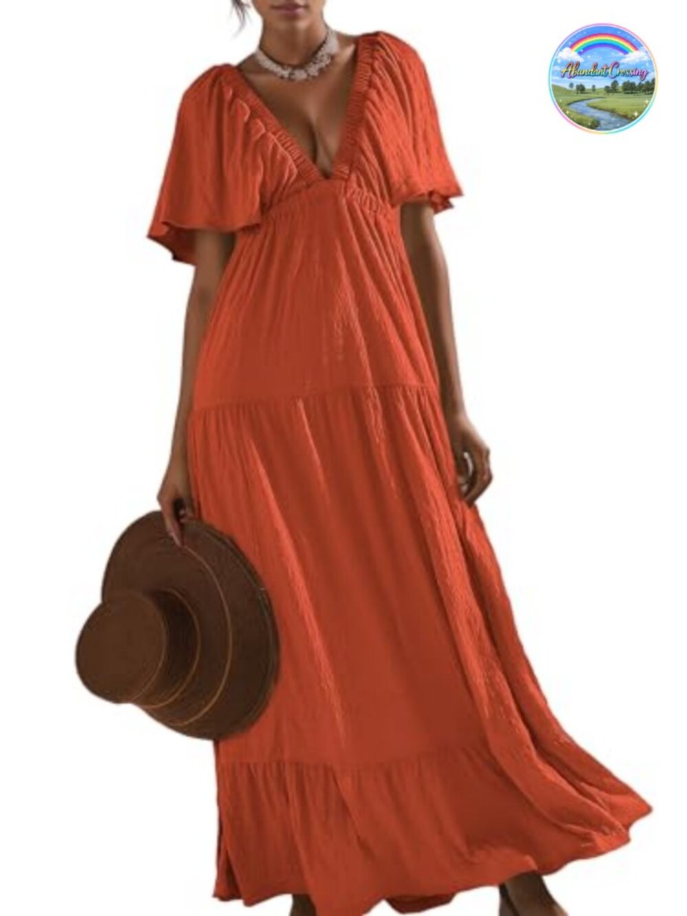 Women's V-Neck Backless Flutter Sleeve Tiered Maxi Dress Elastic Waist - Picture 3 of 6